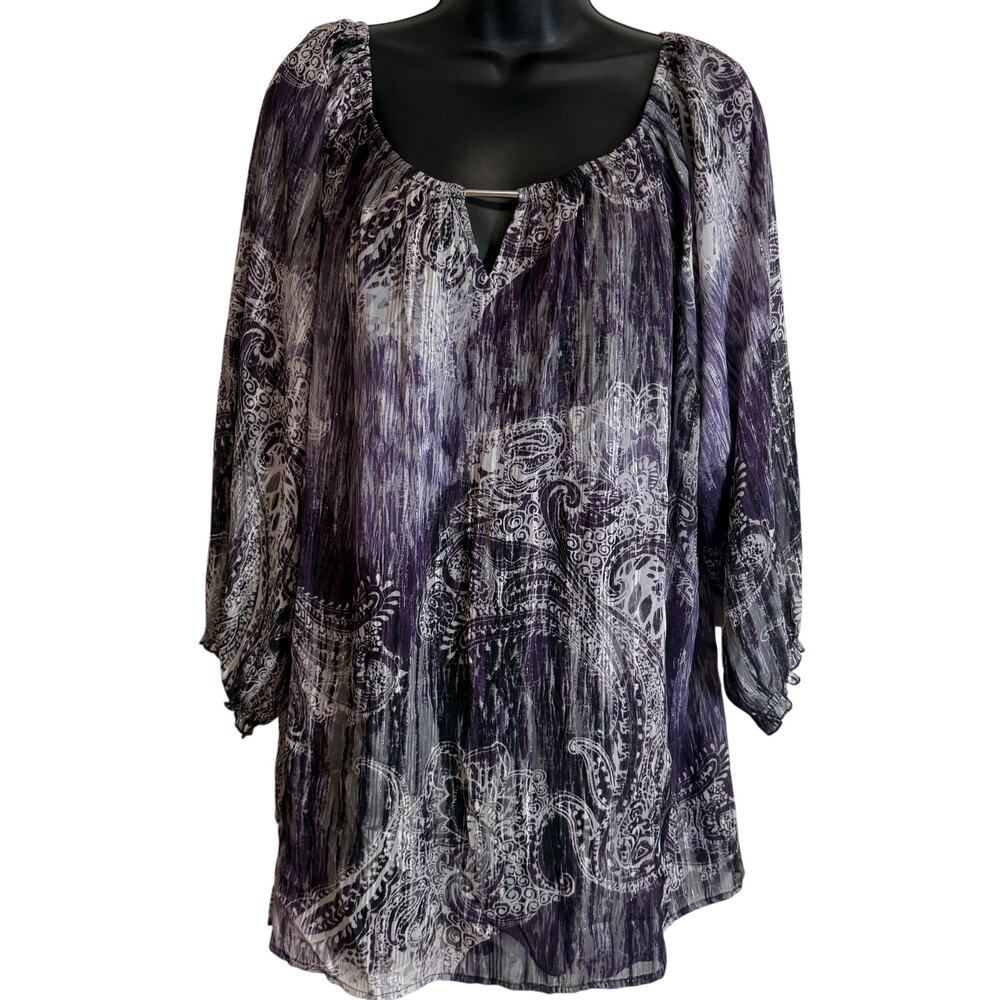 Sara Michelle 3X Purple Paisley Boho Peasant Blouse Sheer Overlay Plus New